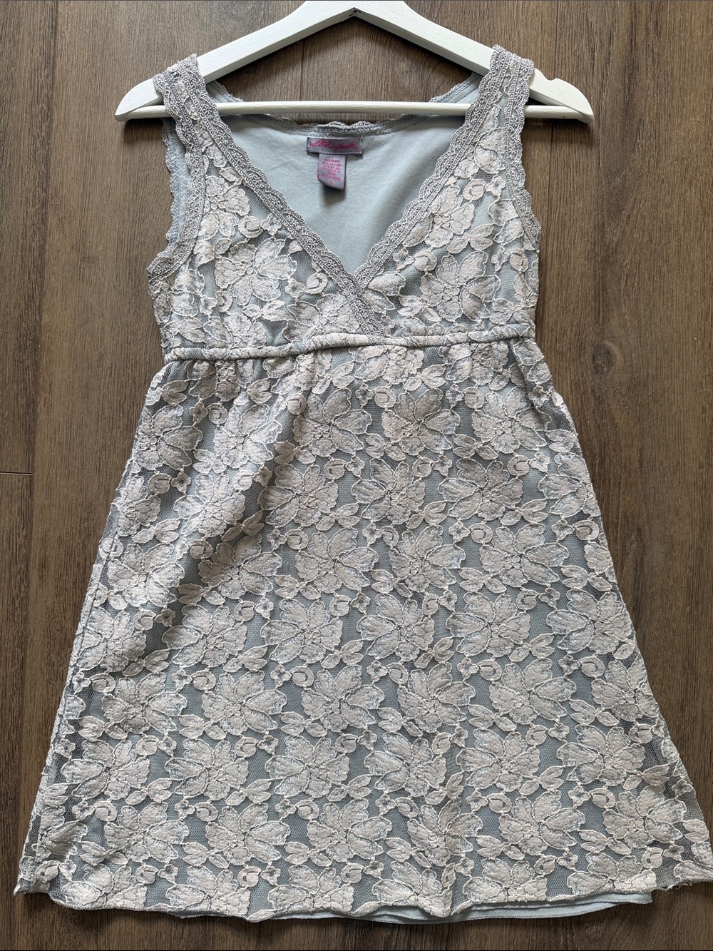 Ultra Pink Ivory Lace-Overlay Mini Dress on Light Gray Base